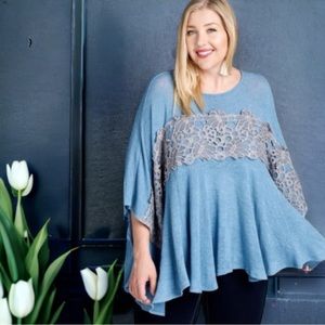 Plus One Size Blue Flowy Top with Floral Overlay